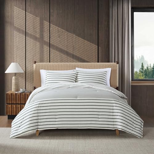 Image of Eddie Bauer - Twin Comforter Set, Cotton Bedding with Matching Sham, Two-Piece Back Closure, Dorm Essentials (Cooper Stripe Green)
