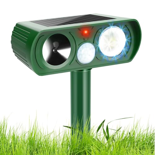 Repelente de gatos, repelente solar ultrasónico de animales con sensor de movimiento y luces intermitentes, dispositivos disuasorios de animales recargables impermeables al aire libre para ciervos