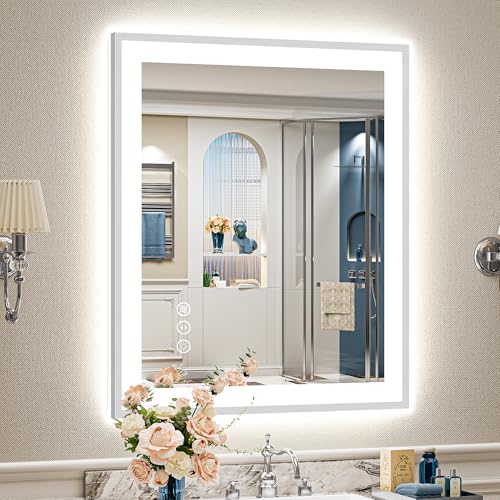 Image of 28x36 Brushed Nickel LED Bathroom Mirror with Lights, Backlit & Front-Lit, Anti-Fog, Framed Lighted Vanity Mirrors for Bathroom Wall, Dimmable, 3 Colors, Memory, Shatter-Proof, Tempered Glass