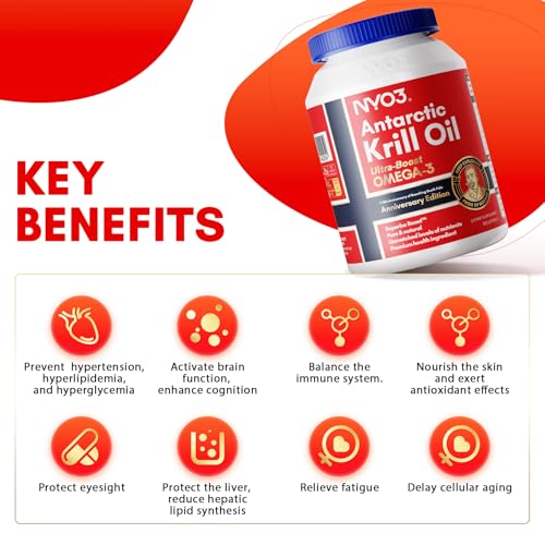 NYO3 Krillöl 1000mg Omega-3 EPA & DHA, reines antarktisches Krillöl mit Astaxanthin, unterstützt Gehirn, Haut und Immunsystem, maximale Stärke, labortestet, kein Nachgeschmack,90 Weichkapseln