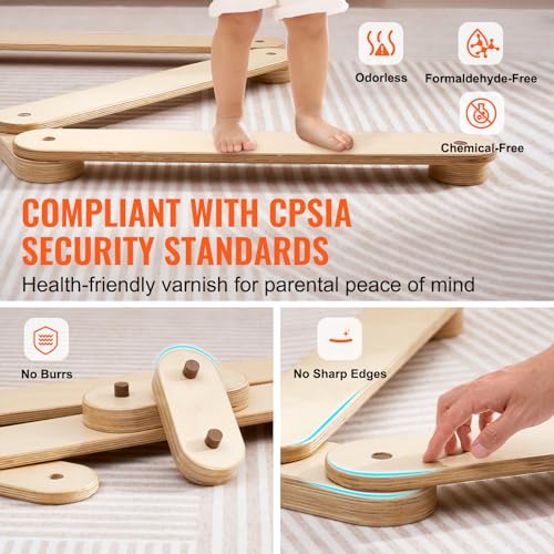 Image of VEVOR Balance Beam Stepping Stones, 3 PCS Wooden Toddler Balance Boards, Montessori Toy for Kids 3-6, Build Coordination and Gross Motor Skills, Gymnastics Course Indoor & Outdoor for Girls Boys Gift