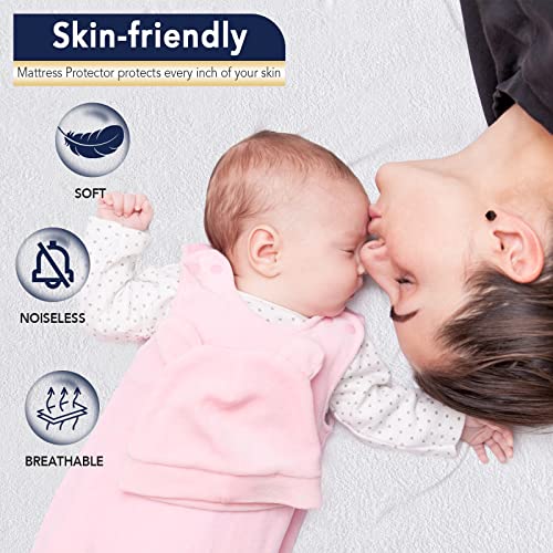 Waterproof Mattress Protector Bamboo Cooling Fitted Mattress Pad Cover, Soft & Breathable Terry Noiseless Vinyl Free, Deep Pocket Fits 8 To 21 Inch For Pets Kids Adults,Machine Washable(White Queen) #TOP1