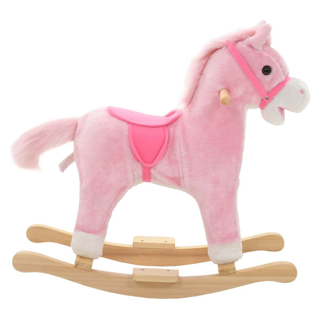 Schaukeltier Pferd für Kinder Plüsch Schaukelpferd mit Holzsockel und Sicherheitsrahmen Rosa 65x32x58 cm