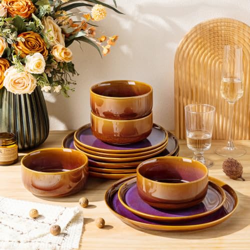 Image of TheTerra Ceramic Dinnerware Set for 4, 16-Piece Plates and Bowls Set | Handmade Reactive Glaze Dish Set, Scratch Resistant, Oven & Microwave & Dishwasher Safe, Amber Amethyst