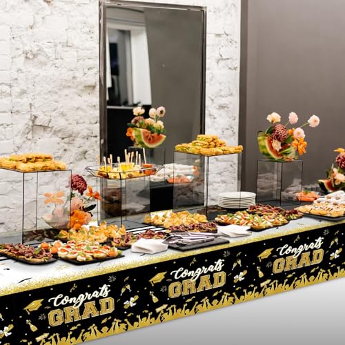 Image of chiazllta Set of 3 Graduation Tablecloths Class of 2026 Congrats Grad Black Graduation Party Tablecover Decorations Party Supplies Large Size Plastic 54 inchx108 inch(Black & Gold)