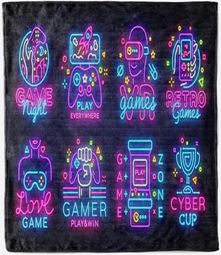 ANHOPE Gaming Blanket for Bed Sofa Couch All Season Flannel Throw Gamer Theme Neon Gamepad Print Pattern Soft Warm Lightweight Fleece Throw Blanket for Kids Adults Single 130 x 150 cm