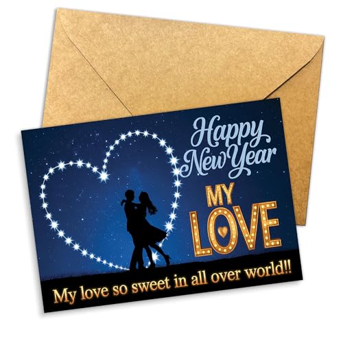 Podagree Happy New Year My Love Card for Girlfriend, Boyfriend, or Partner – Star Heart Silhouette Romantic Card – 8x5.3 Inch With Envelope