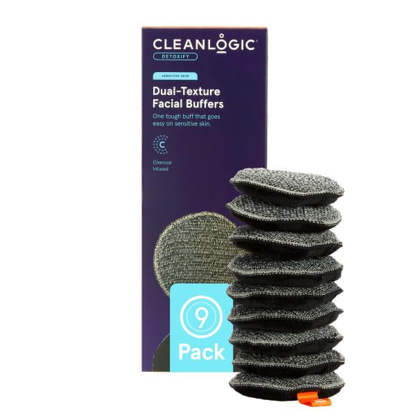 CleanLogic Bath & Body Charcoal Infused Exfoliating Dual-Texture Facial Pads, Face Sponges for Cleansing & Softening Sensitive Skin, MakeUp Remover Pads, 9 Count Value Pack