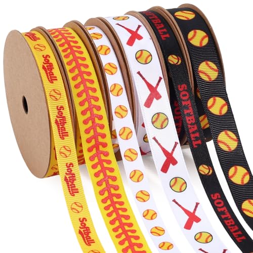 LaRibbons Softball Ribbon Set 6 Rolls 30 Yards Total Satin and Grosgrain Ribbons for Softball Hair Bows Crafts Team Gifts Decorations 3/8 & 5/8