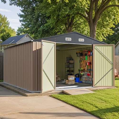 Image of Patiowell 10 x 12 FT Metal Storage Shed for Outdoor with Floor Frame, Steel Yard Shed with Design of Lockable Doors, Utility and Tool Storage for Garden, Backyard, Patio, Outside use,Brown