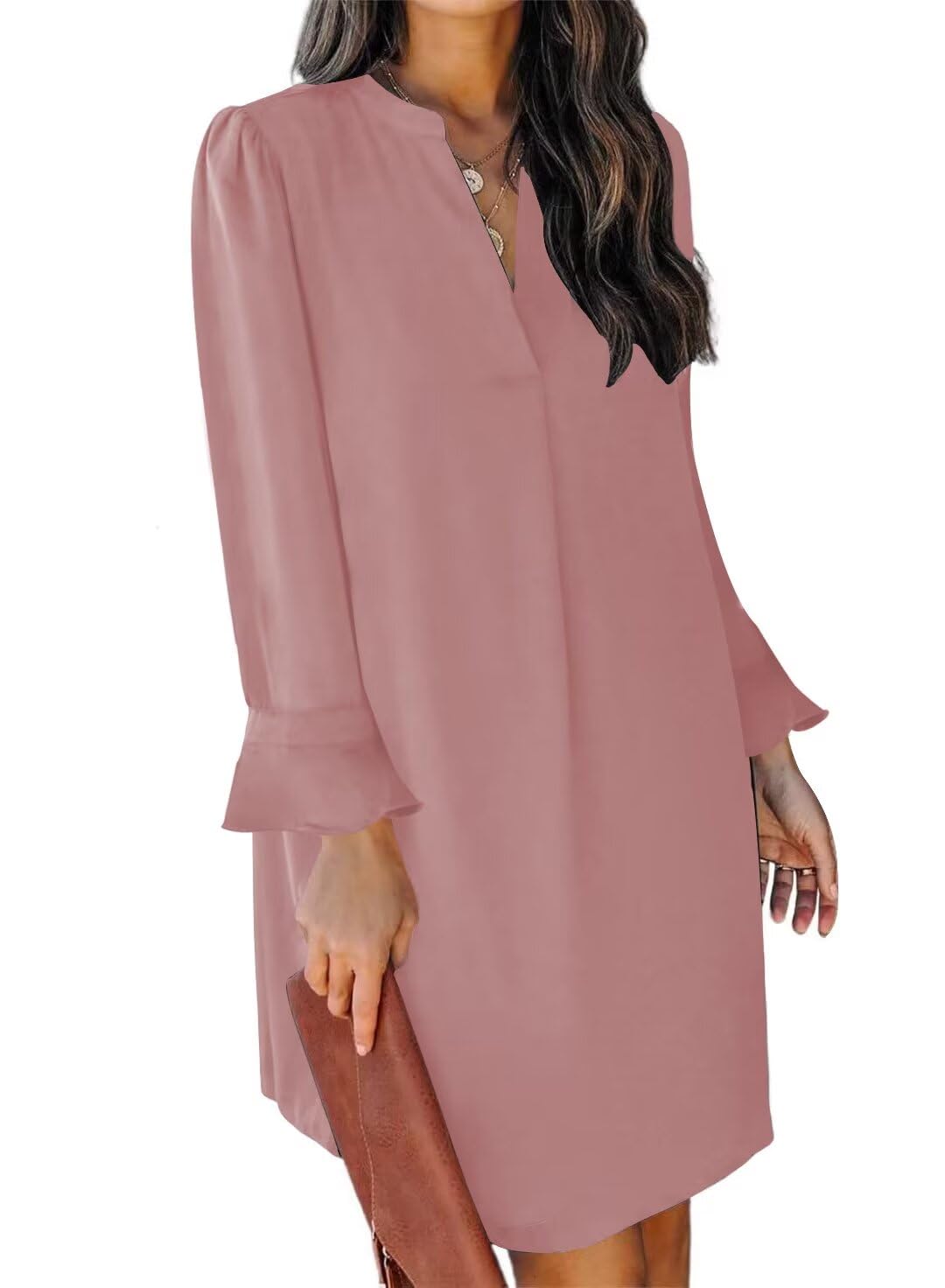 QACOHU Women's Fall Long Ruffle Sleeve V Neck Shift Dresses