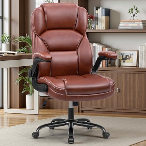 Image of PU Leather Office Chair, Ergonomic High-Back Desk Computer & Gaming Chair with Adjustable Height, Rolling Swivel & Flip-Up Armrests, Comfy Padded Seat for Home Office-Brown