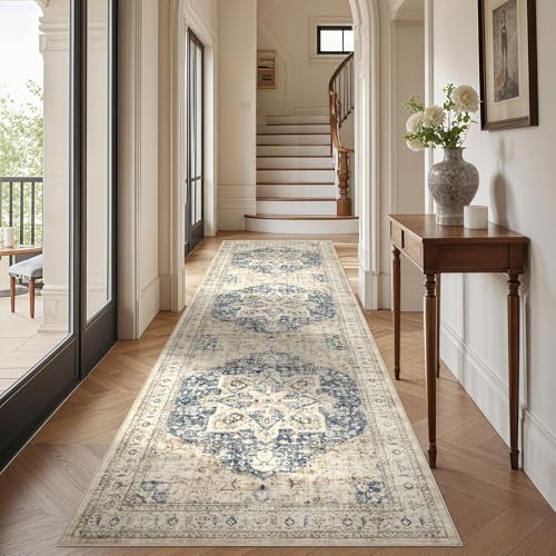 Tortania Area Rug 3x12 Runner Rugs - Washable Vintage Oriental Farmhouse Thin Indoor Carpet for Living Room Bedroom Hallway Entryway Kitchen Under Dining Table Home Office - Cream/Blue