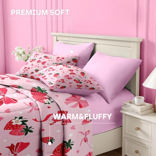 Image of Nesker Bow Comforter Set Twin Size, 5 Pieces Bed in a Bag, Pink Bow Bedding Set for Girls, Kawaii Strawberry Comforter Set with 1 Pillowcase & 1 Sham