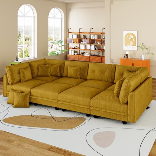 Image of LLappuil 112 inch Modular Sectional Sofa with Storage, U Shaped 8-Seat Pet-Friendly Corduroy Couch with 8 Throw Pillows, Convertible Sofa Set for Living Room & Apartment, Scratch Resistant, Yellow
