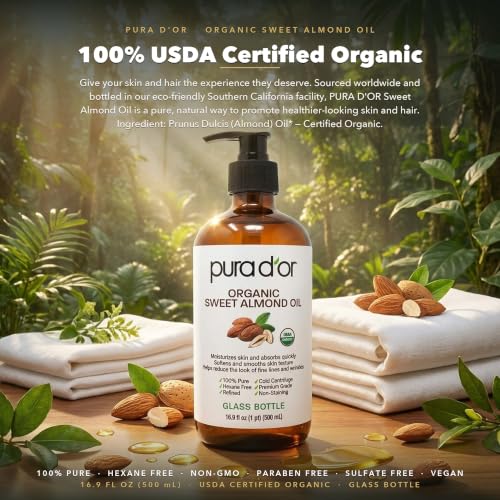 PURA D'OR ORGANIC Sweet Almond Oil (GLASS BOTTLE) Pure Cold-Pressed, 16.9oz - image 7