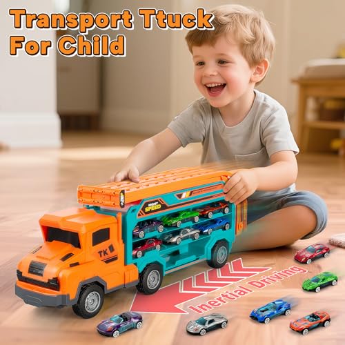 Image of BainGesk Carrier Truck Toys for 3 4 5 6 Years Old Boys, 2.8 Ft Race Track Transport Cars with 6 Die-Cast Metal Toy Cars, Birthday Gifts Kids Age 3-5, Racing Toys Gifts for Toddlers