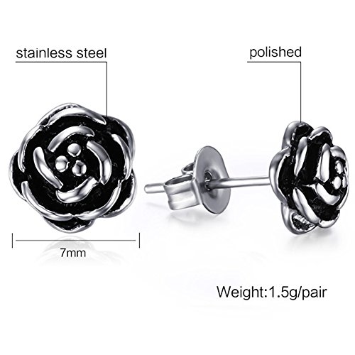 Retro Vintage Stainless Steel Rose Flower Cocktail Party Stud Earrings (Silver Black)2