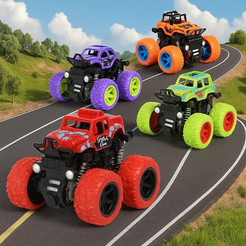 Graphene Monster Trucks (Pack Of 4), Friction Powered Monster Car Toys For Boys 3-7 Years Old, Durable High-Density Alloy And Non-Toxic Plastic, Non-Slip Tires For Educational Play(Pack Of 4)