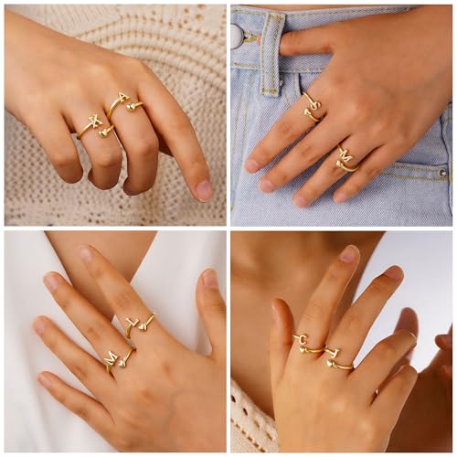 M MOOHAM Gold Rings for Women Girls - 14K Gold Plate Initial Rings for Women Non Tarnish Letter A- Z Dainty Heart Ring Adjustable Pinky Ring Personalized Jewelry Gifts4