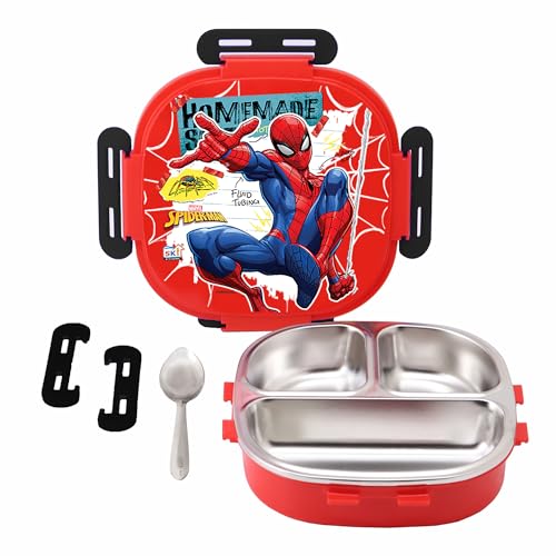 Image of SKI Baker Steel Lunch Box for Kids, 3 Compartment Insulated School Tiffin with Spoon, Leak-Proof, BPA Free, Bento Box for Boys & Girls, Birthday Gifts, Party Favours - Spiderman