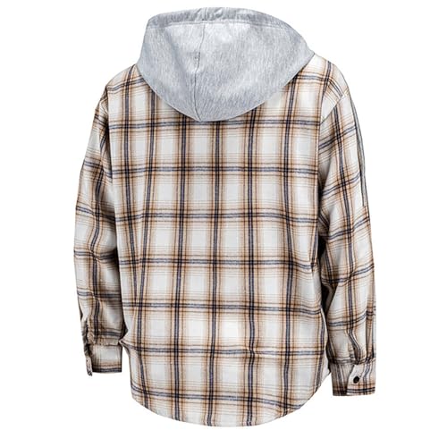 Men'S Hoodies Plaid Button Hooded Dress Shirts Big And Tall Fall Casual Patchwork Long Sleeve Coat Drawstring Hoodie2