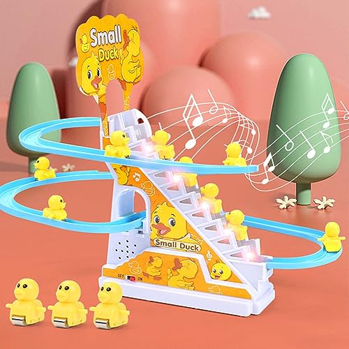 9 Stück Elektrische Ente Treppensteigen Spielzeug, Achterbahn Musik Ente Set mit LED Blinklichtern, Montessori Baby Spielzeug, Elektrische Badewannenspielzeug, Geburtstag Geschenk(Farbiges Kasten)