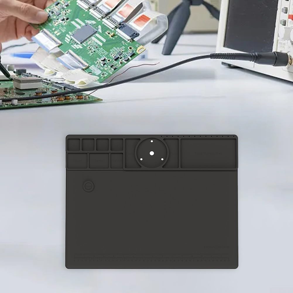 Widerstandsfähige Silikon Lötmatte TE-711, Hitzebeständige Arbeitsunterlage 45x35cm, Rutschfeste Reparatur Matte für Elektronik, Uhren und Handys, Schwarz
