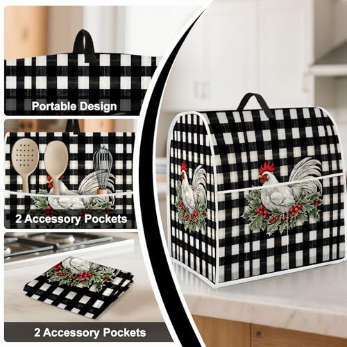 Image of Kitchen Dust Cover Compatible with 4.5 5 6 8 quart Stand Mixer, Kitchen Appliance Protective Covers with Top Handle and Pocket (Black-white striped chicken, For All 6-8 qt Mixer)