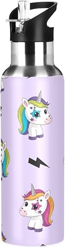 Cute Unicorns Rainbow Stainless Steel Vacuum Insulated Water Bottle 20 Oz, BPA-Free Sports Water Bottle with Straw Leakproof Water Bottles