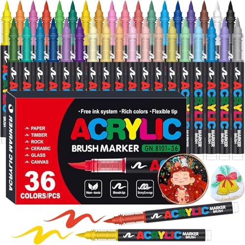 Image of JOLLIFFE Acrylic Paint Markers Set of 36 - Brush Tip Paint Pens, Rich Vivid Colors, Direct Liquid Ink System, Waterproof & Quick Dry for Rock Painting, Canvas, Glass, Wood, Fabric & DIY Crafts