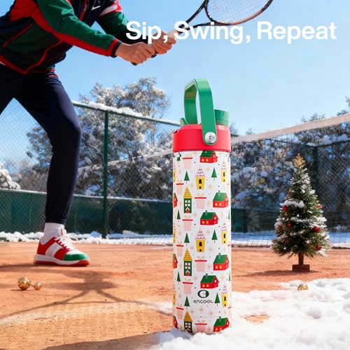Image of ENCOOL Christmas Insulated Water Bottle with Straw, Stainless Steel Water Bottle, Leak Proof BPA-Free, Keeps Cold for 24 Hours for Sports, Christmas Holiday Gifts for Women, 26 oz, Bright Holiday