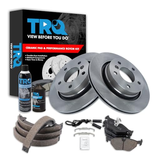Image of TRQ Rear Brake Pad & Rotor Kit, with Chemical Kit Parking Brake Shoe Set Ceramic Compatible with 2000 BMW 323Ci 323i 2001-2006 325Ci 2001-2005 325i 328Ci