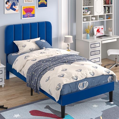 Image of VECELO Twin Size Bed Frame with Upholstered Headboard, Velvet Platform Bedframe Mattress Foundation, Strong Wood Slat Support, No Box Spring Needed,Blue