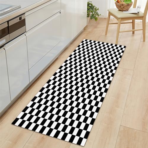 Teppich Läufer 40x120cm rutschfest Küchenteppich Schwarz Und Weiß, Schachbrett Teppich Läufer,...