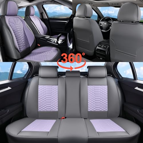 Image of Coverado Leather Seat Covers, Car Seat Covers Full Set, Waterproof Nappa Leather Car Seat Cover, Car Seat Protectors 5 Seats, Gray & Purple Automotive Seat Covers Fit for Most Cars Trucks