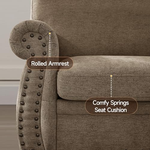 Image of ONBRILL Nailhead Sofa, 66 Inch Small Couch with Rolled Arms, Chenille Fabric Loveseat w /Springs Seat Cushion, Vintage Curved Back, Turned Wood Legs, Comfy Couch for Living Room, Farmhouse, Brown