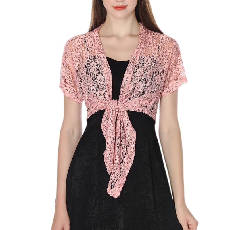 KIJSKKOPO Bolero Encaje Floral para Mujer, Bolero Corto Manga Corta con Lazo Frontal, Cárdigan Encaje Ligero Y Transparente con Abertura Frontal para Vestidos Verano Y Fiestas Noche, Bodas Novias E