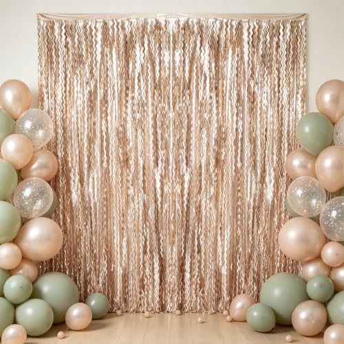 Image of TONIFUL 2Pcs Wavy Champagne Gold Metallic Foil Fringe Curtains Streamers | 3.3ftx6.6ft Photo Booth Backdrop Door Streamer, Props for Bachelorette Birthday Wedding Bridal Shower Baby Shower Decoration