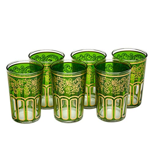 ESSENCE OF MOROCCO Bicchieri da tè Marocchino Verde e Oro con Un Bel Design Classico Marocchino Dipinta e Decorata a Mano Confezione da 6