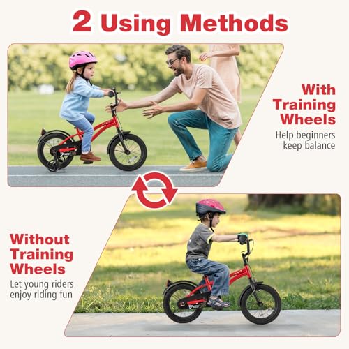 Image of BABY JOY Kids Bike, 12 14 16 18 Inches Sporty Bicycle with Training Wheels, Adjustable Seat, Handbrake & Coaster Brake, Reflectors, Girls Boys Bike for 3-8 Years Old Children