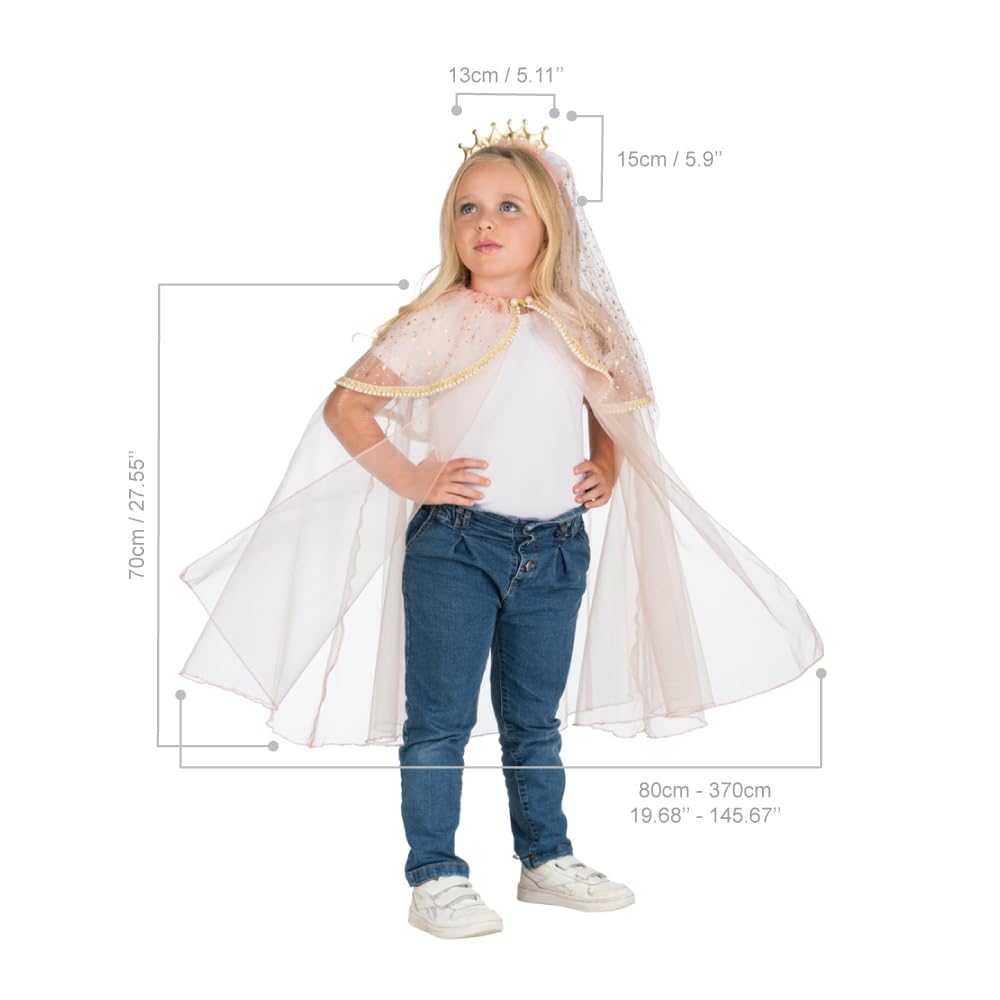 Chaks - Mantello da principessa con corona e velo per bambine | Accessorio per costume in 2 pezzi, tulle glitterato, Carnevale, cosplay, compleanno, travestimento regale, look da fiaba