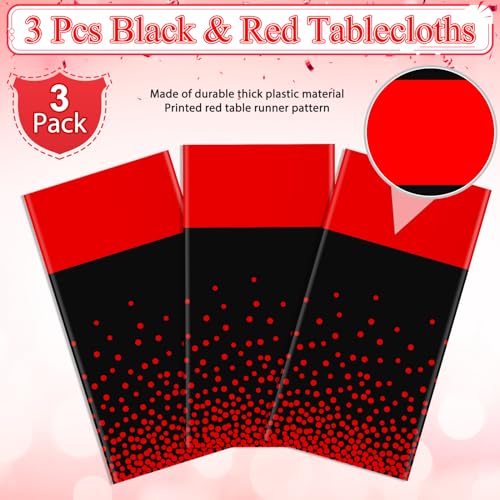 Image of MASHAN 3Pcs Black and Red Tablecloth Party Decorations,Plastic Black Table Cloth Printed Red Table Runner Disposable Rectangle Cover for Birthday Weeding Anniversary Graduation Party,54 x108 Inch