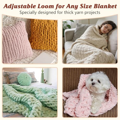 AIIQESBT 46\" Chunky Knitting Blanket Loom, Adjustable Size Wooden Loom for Chunky Blanket, 3-in-1 Reusable Hand Knitting Loom Kit for Beginners, DIY Yarn Craft, Home Decor, Stress Relief