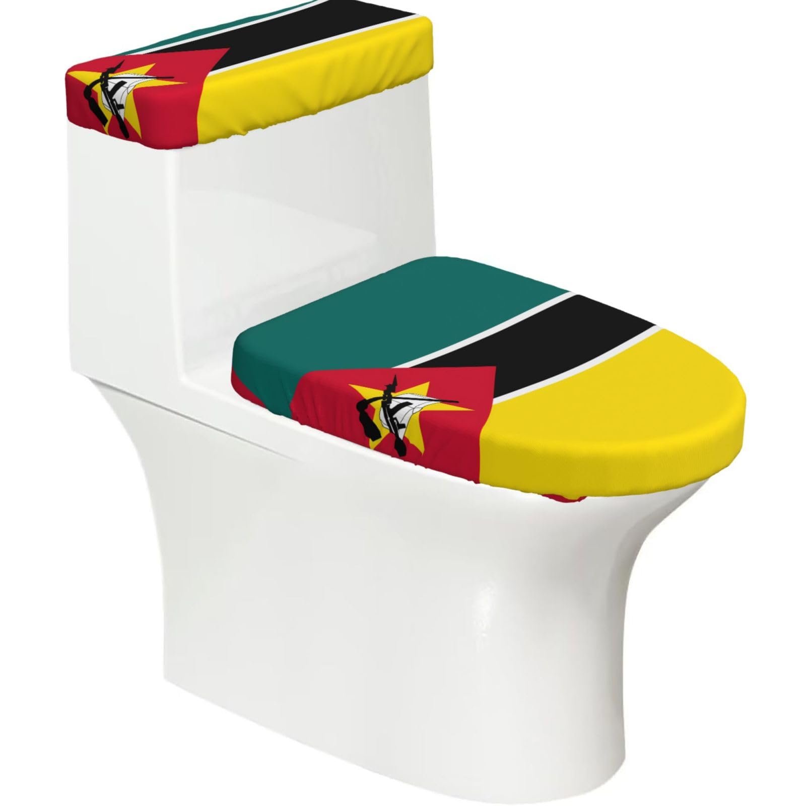Flag of Mozambique Elastic Toilet Cover Set of 2-Stretchy Lid and Tank Covers for Bathroom, Soft Washable U Shape Toilet Decor