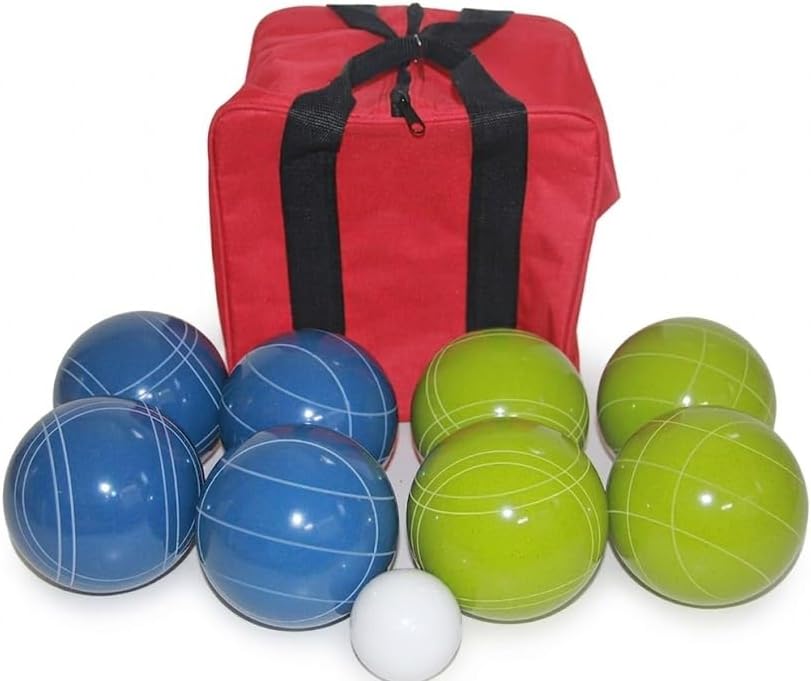 BuyBocceBalls Listing - Made in USA, Premium Quality Tournament Bocce Set - 110mm Blue and Green Balls, Nylon red Bag, 998 Grams (2 lbs. 3.2 oz.). Various Bag Colors