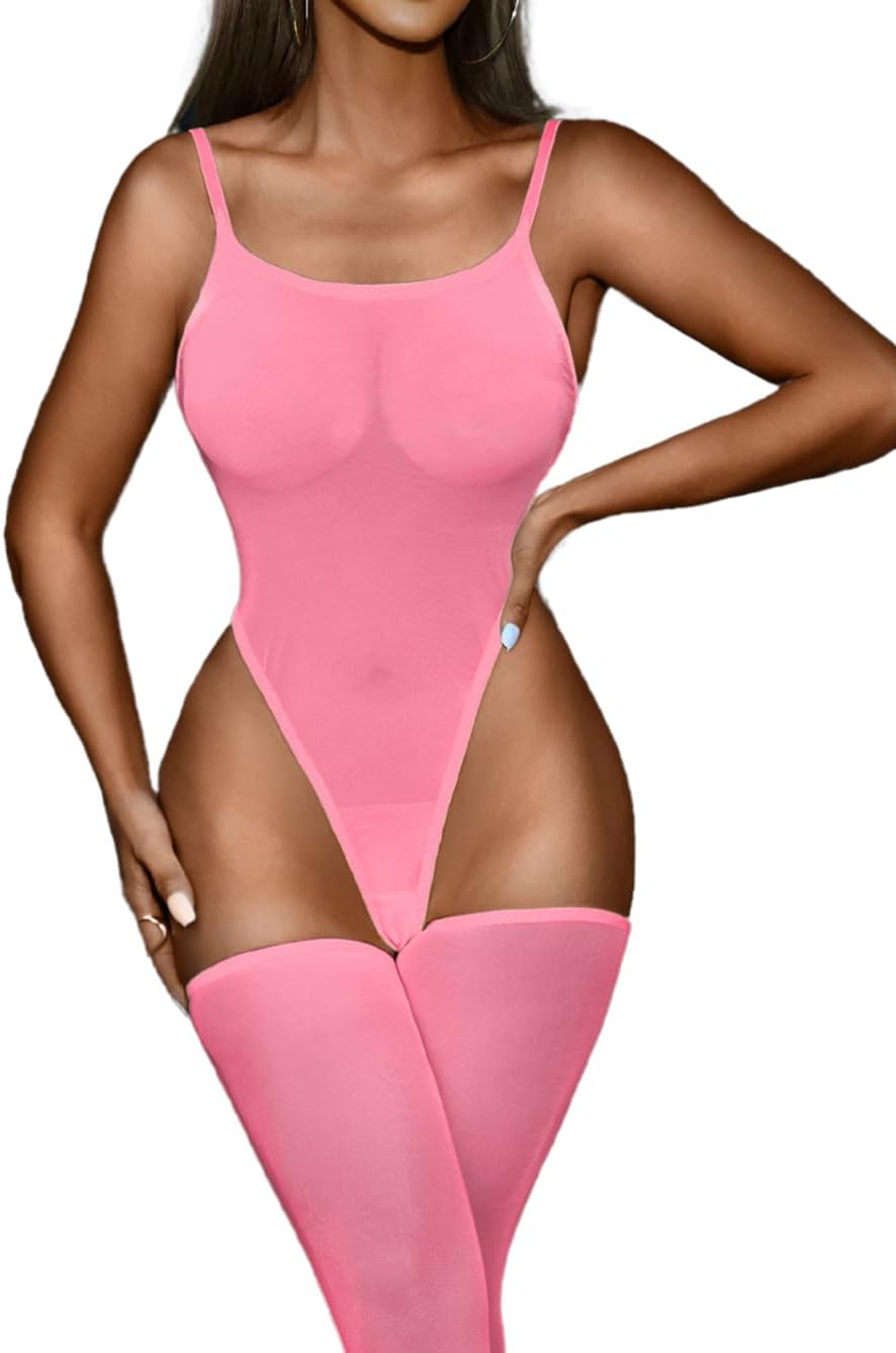 Kaei&Shi High Cut Bodysuit & Thigh High,Sheer Mesh Spaghetti Strap Sexy Tops Women,Low Back Snap Body Suit Rave Festival Club