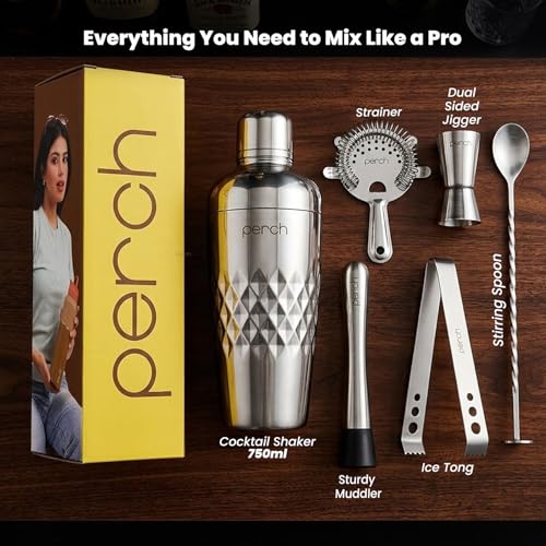 Image of O' Holic by Perch Craft 6-Piece Stainless Steel Bartender Kit|Premium Cocktail Shaker Set with Jigger 30 /60ml, Spoon,Ice Tong, & Bar Tools|Professional Bar Set for Home &Tour Parties|Silver