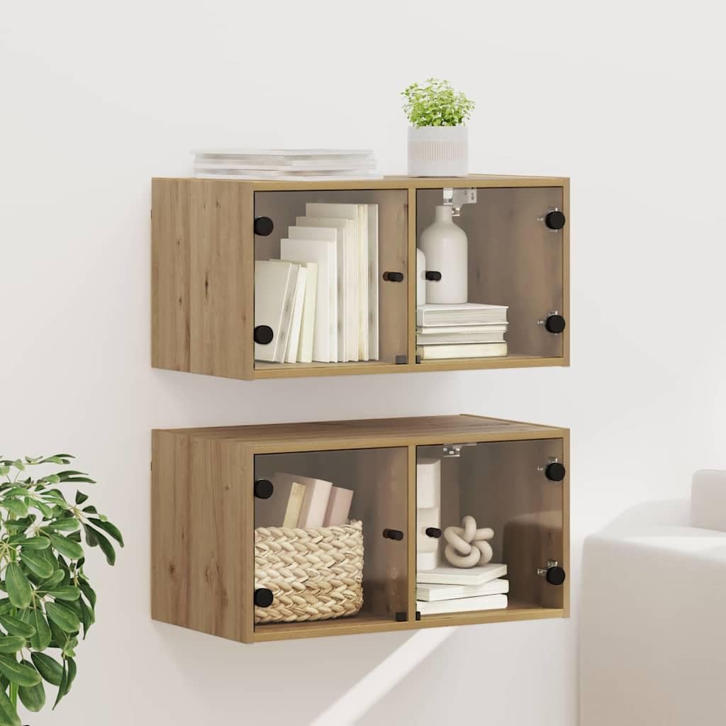 vidaXL Wandschränke 2 pcs Artisan-Eiche 68 x 37 x 35 cm Holzwerkstoff, Wohzimmer-Schrank, rechteckiger Wandregal, modernes Glastürteil, robuster Holz-Organizer