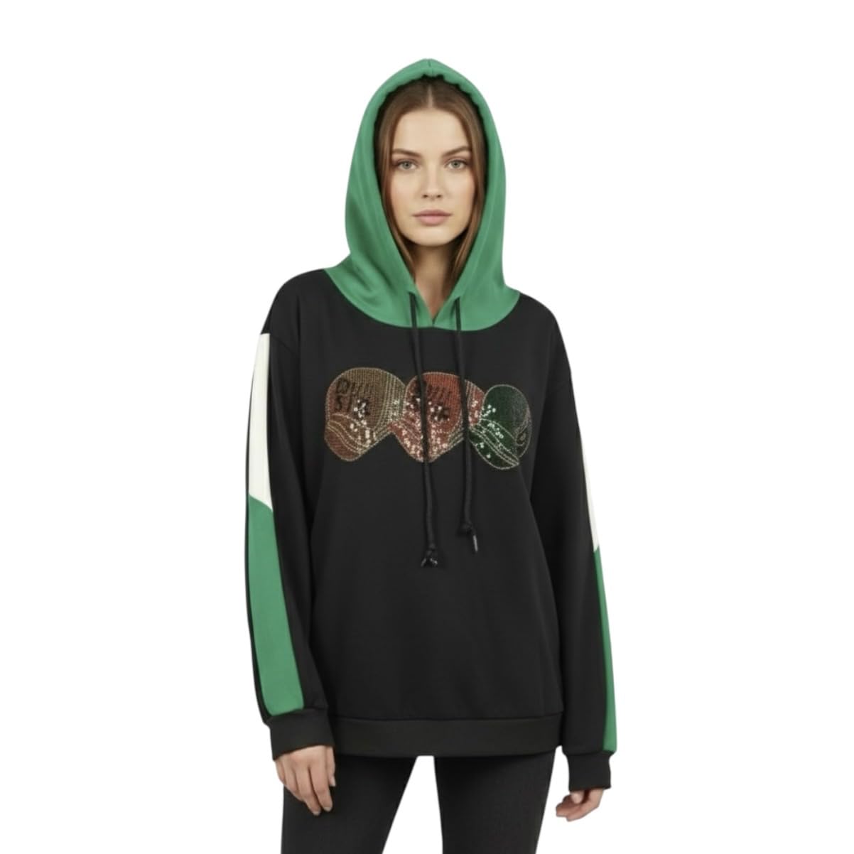 Women Black Green Hoodie Bust 49 Inch Printed Baseball Graphic Casual Sweatshirt No Fleece Length 24.5-image-0